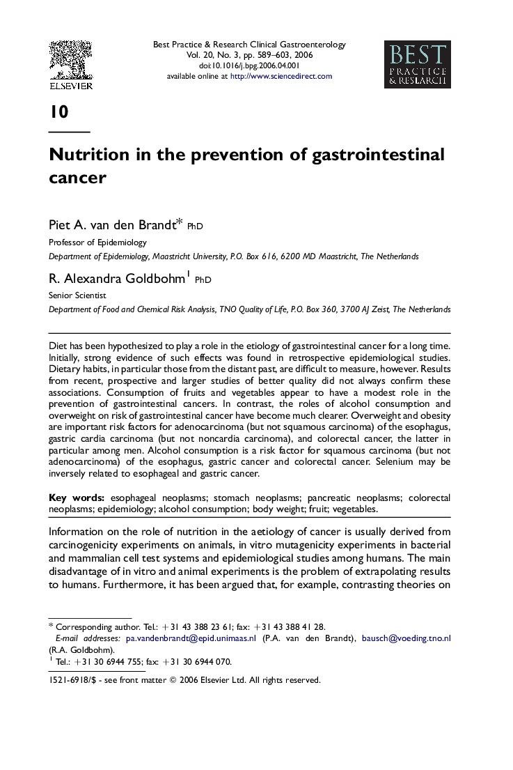 Nutrition in the prevention of gastrointestinal cancer