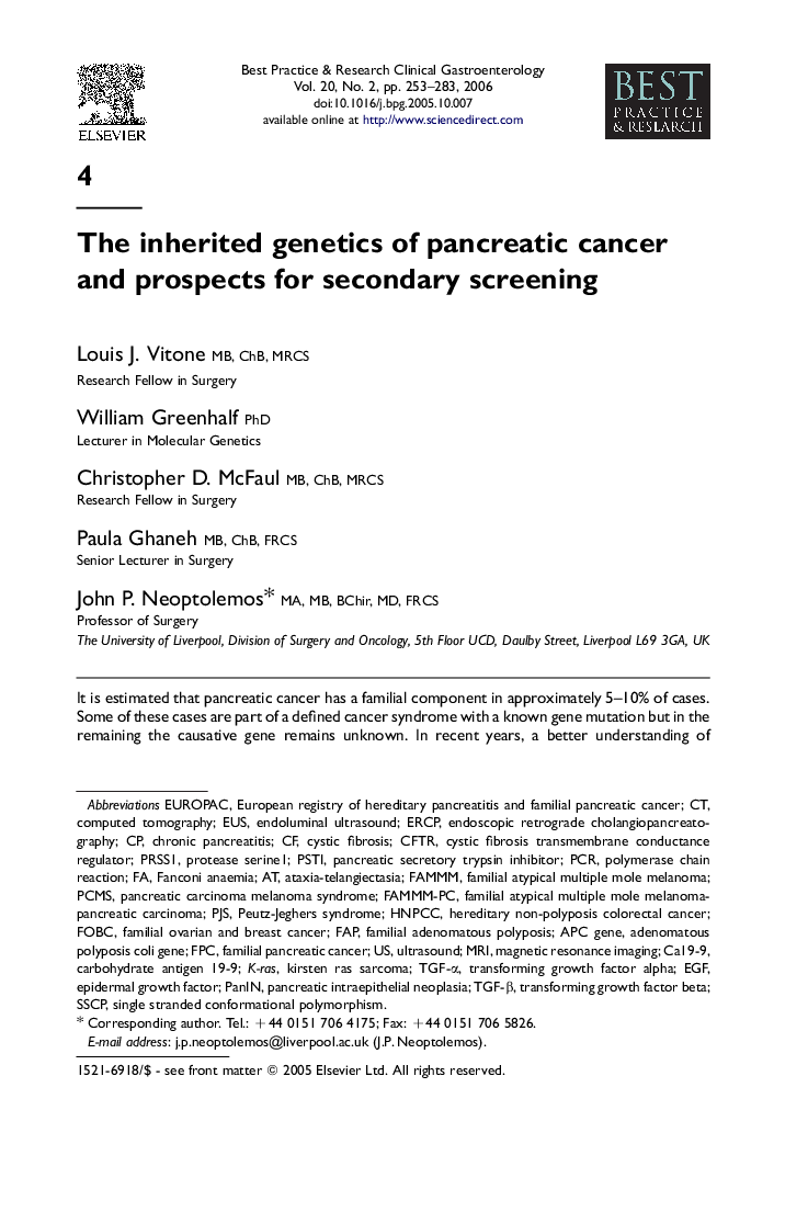 The inherited genetics of pancreatic cancer and prospects for secondary screening