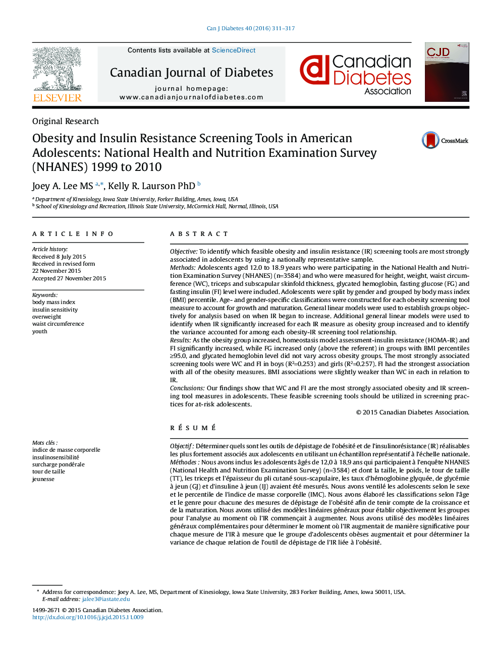 Obesity and Insulin Resistance Screening Tools in American Adolescents: National Health and Nutrition Examination Survey (NHANES) 1999 to 2010
