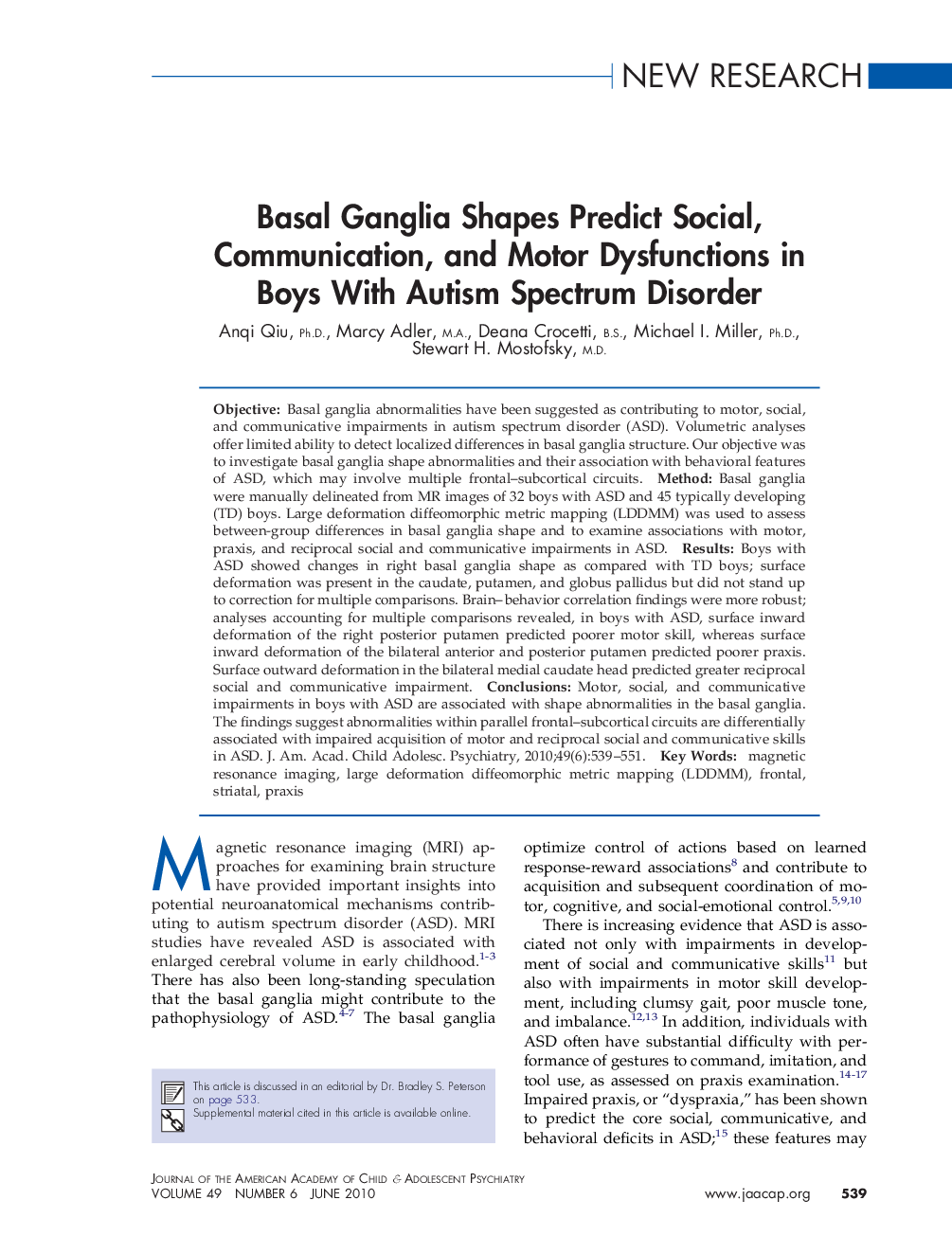 Basal Ganglia Shapes Predict Social, Communication, and Motor Dysfunctions in Boys With Autism Spectrum Disorder