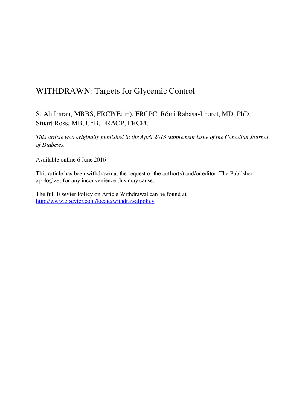 WITHDRAWN: Targets for Glycemic Control