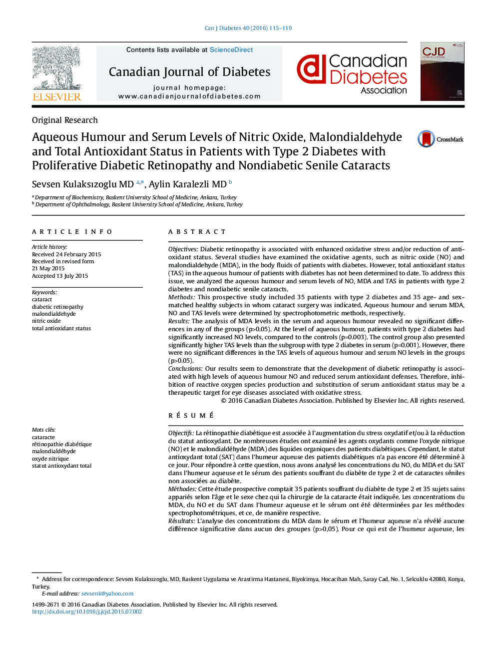 Aqueous Humour and Serum Levels of Nitric Oxide, Malondialdehyde and Total Antioxidant Status in Patients with Type 2 Diabetes with Proliferative Diabetic Retinopathy and Nondiabetic Senile Cataracts