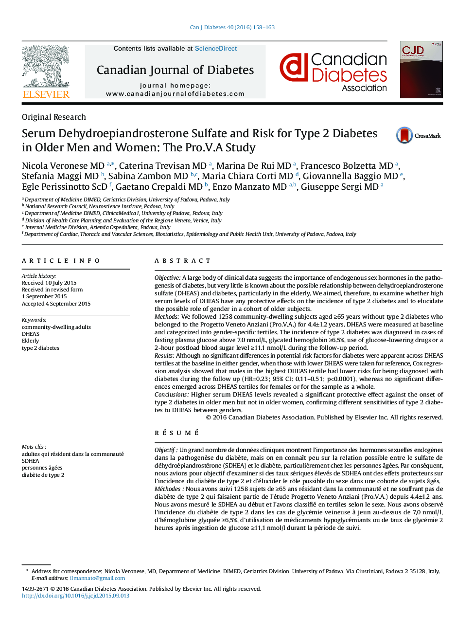 سرم Dehydroepiandrosterone سولفات و خطر دیابت نوع 2 در مردان و زنان سالمند: مطالعه Pro.V.A