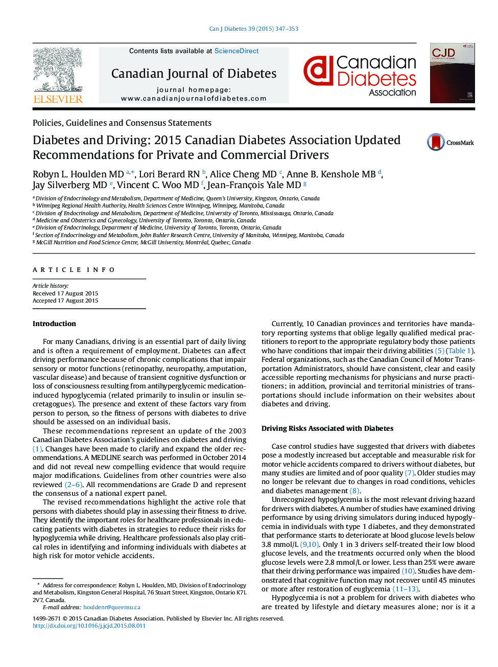 Diabetes and Driving: 2015 Canadian Diabetes Association Updated Recommendations for Private and Commercial Drivers