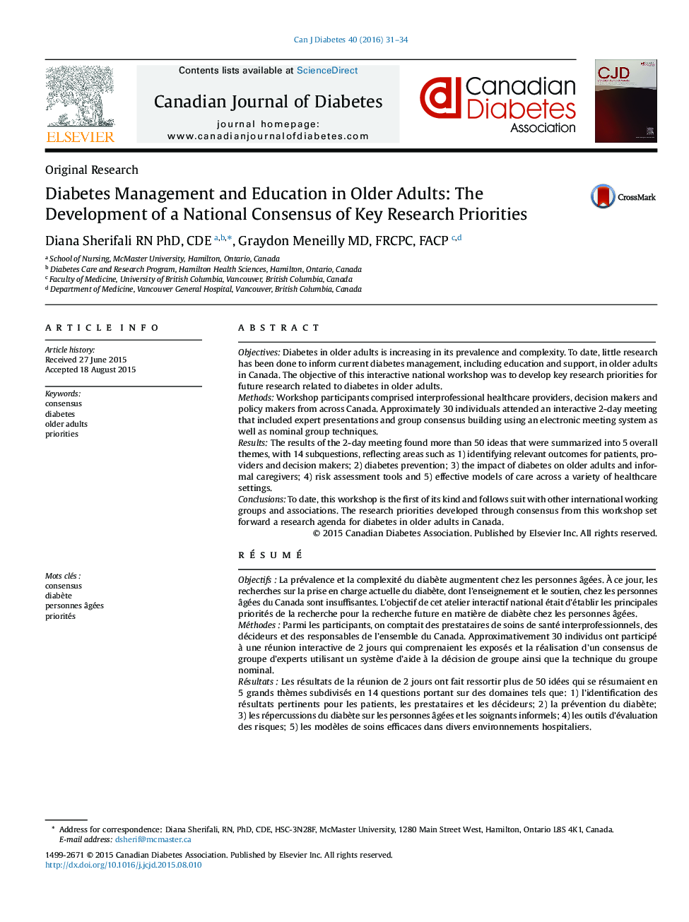 Diabetes Management and Education in Older Adults: The Development of a National Consensus of Key Research Priorities