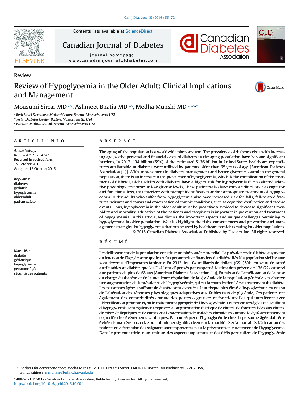 Review of Hypoglycemia in the Older Adult: Clinical Implications and Management