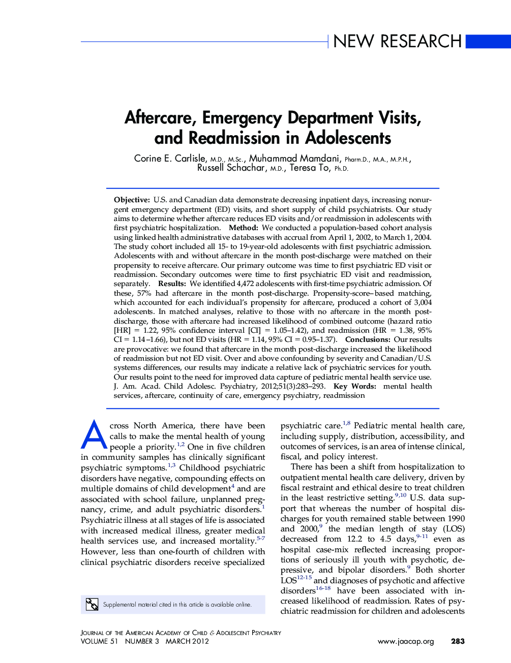 Aftercare, Emergency Department Visits, and Readmission in Adolescents