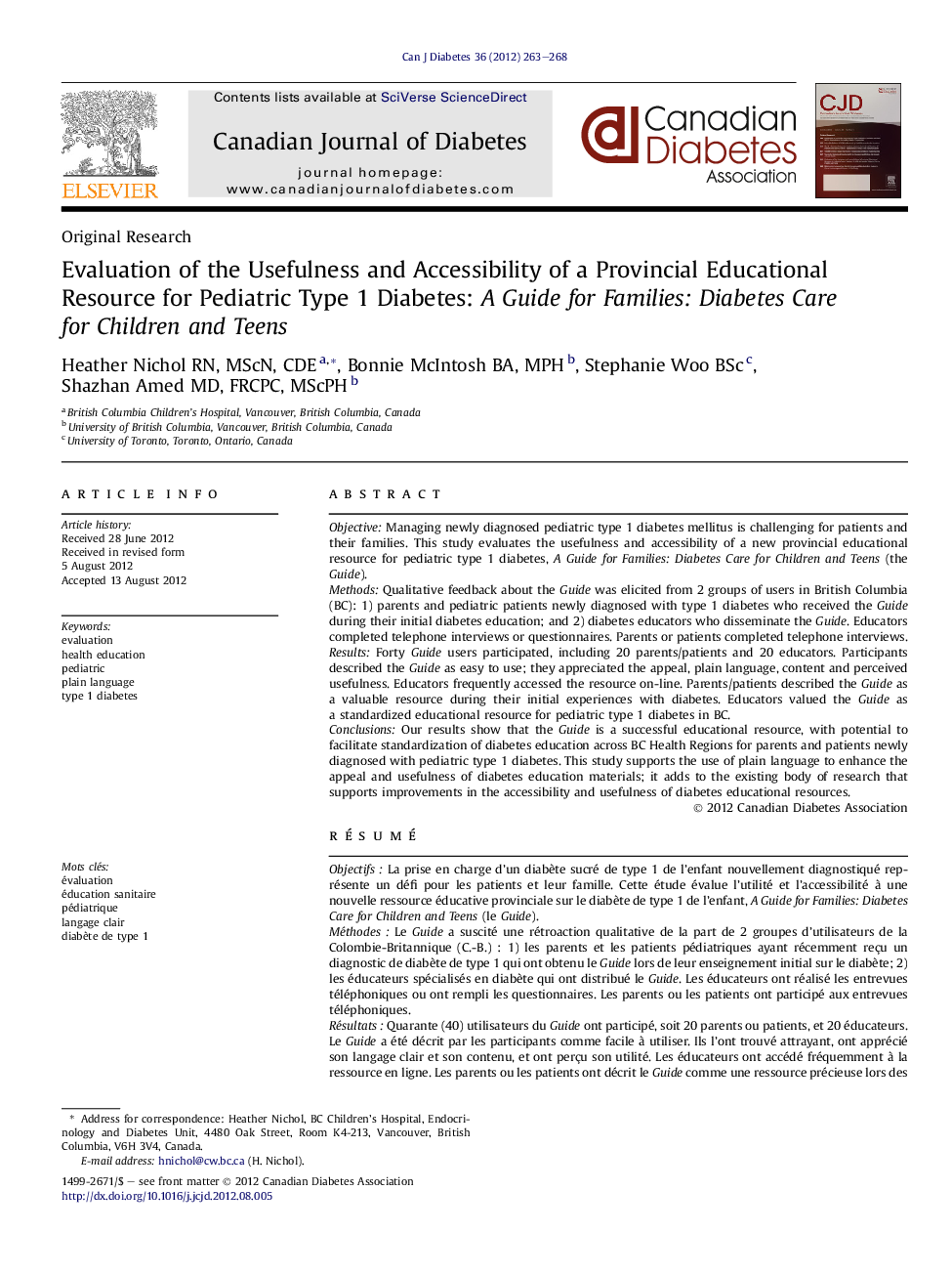 Evaluation of the Usefulness and Accessibility of a Provincial Educational Resource for Pediatric Type 1 Diabetes: A Guide for Families: Diabetes Care for Children and Teens