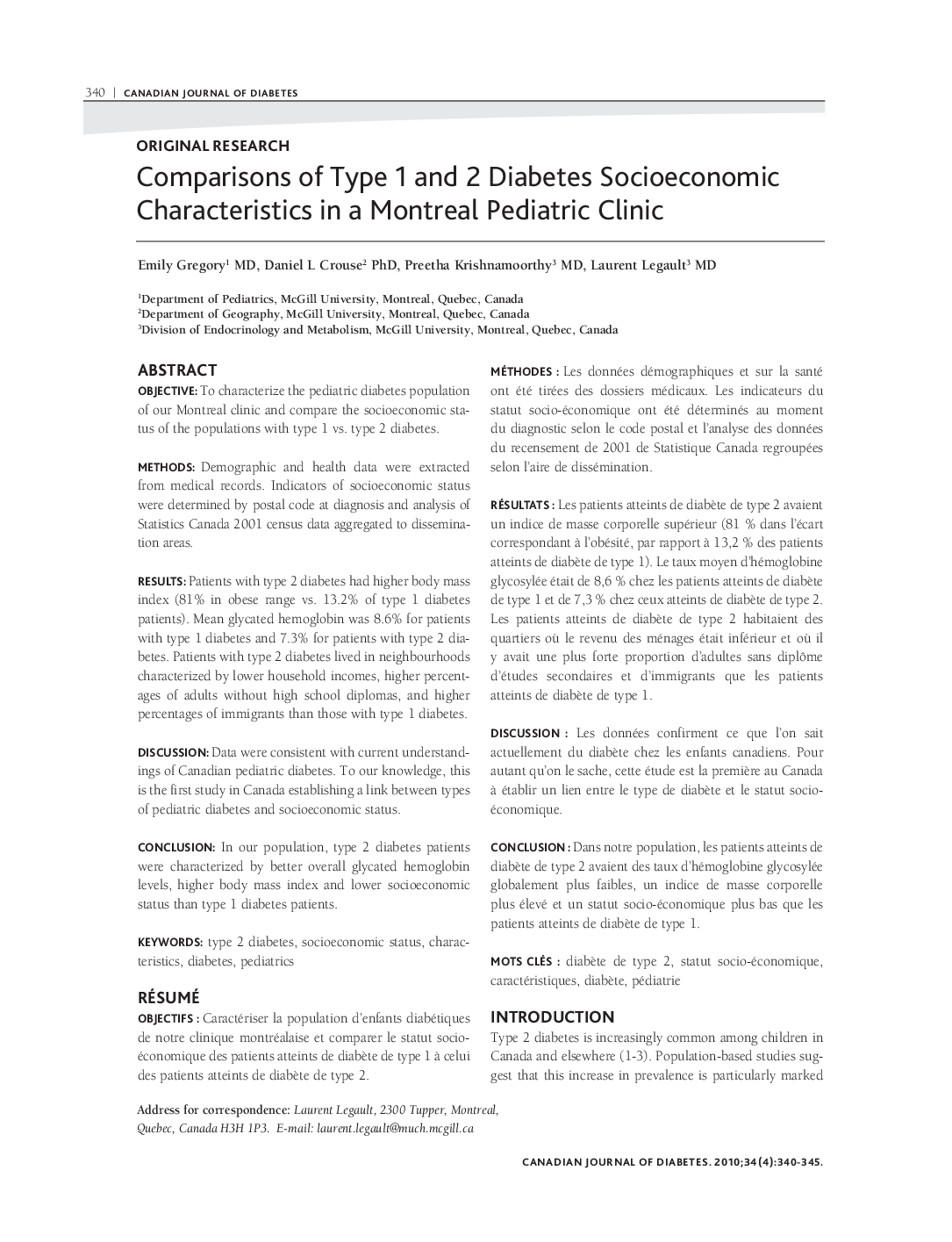 Comparisons of Type 1 and 2 Diabetes Socioeconomic Characteristics in a Montreal Pediatric Clinic