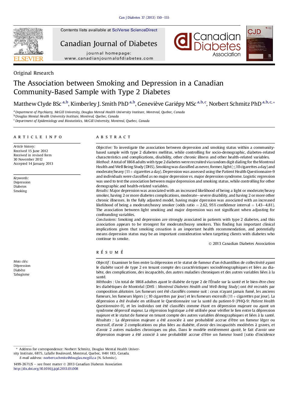 عکس صفحه اول مقاله: The Association between Smoking and Depression in a Canadian Community-Based Sample with Type 2 Diabetes The Association between Smoking and Depression in a Canadian Community-Based Sample with Type 2 Diabetes