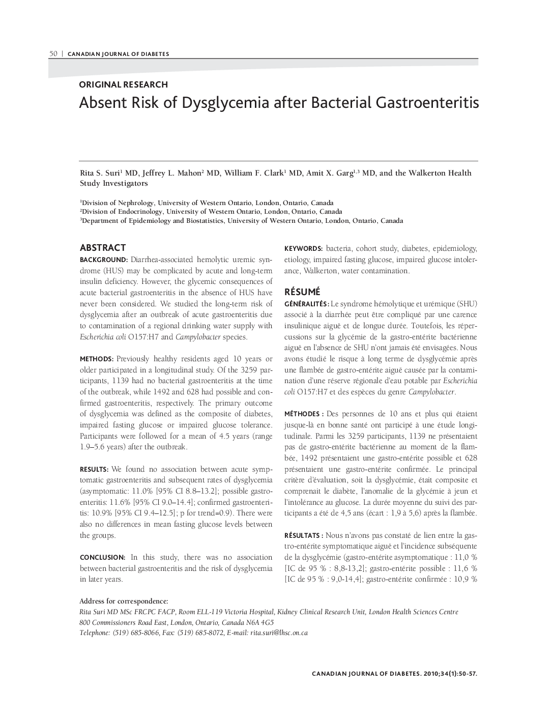 Absent Risk of Dysglycemia after Bacterial Gastroenteritis