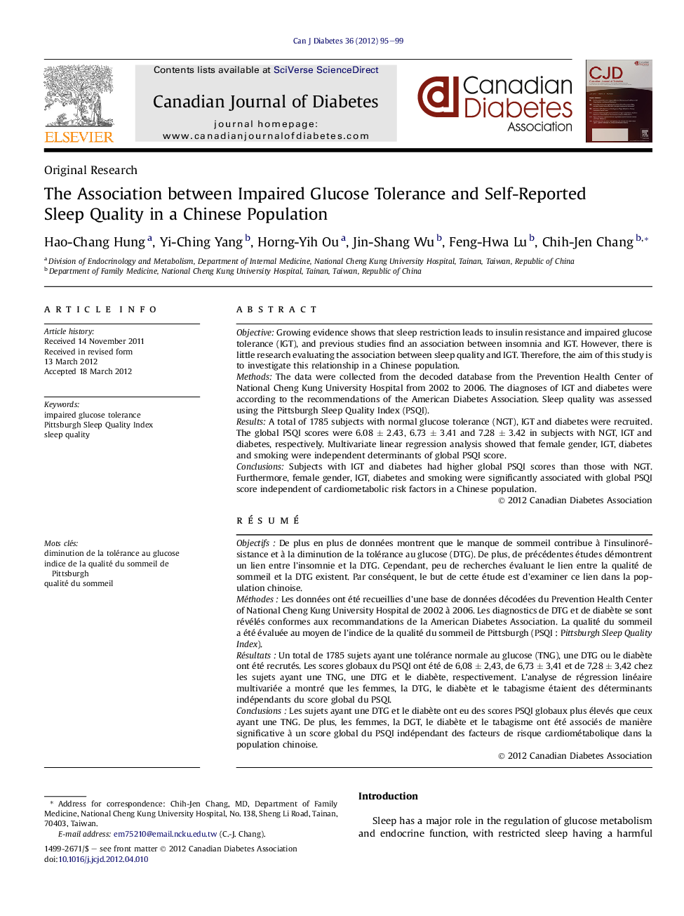 The Association between Impaired Glucose Tolerance and Self-Reported Sleep Quality in a Chinese Population