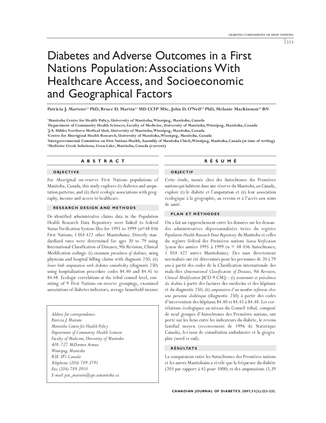 Diabetes and Adverse Outcomes in a First Nations Population: Associations With Healthcare Access, and Socioeconomic and Geographical Factors