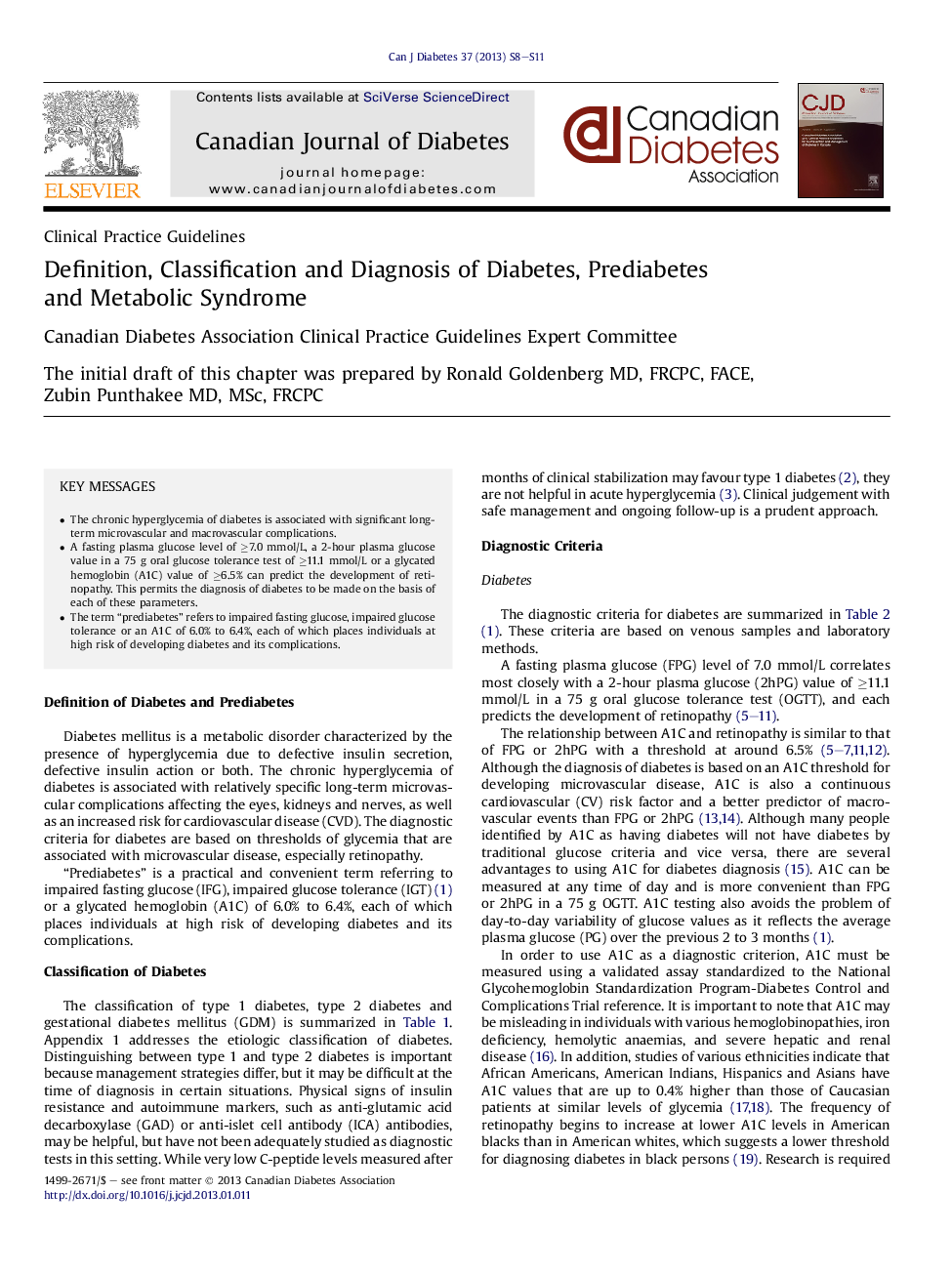 Definition, Classification and Diagnosis of Diabetes, Prediabetes and Metabolic Syndrome