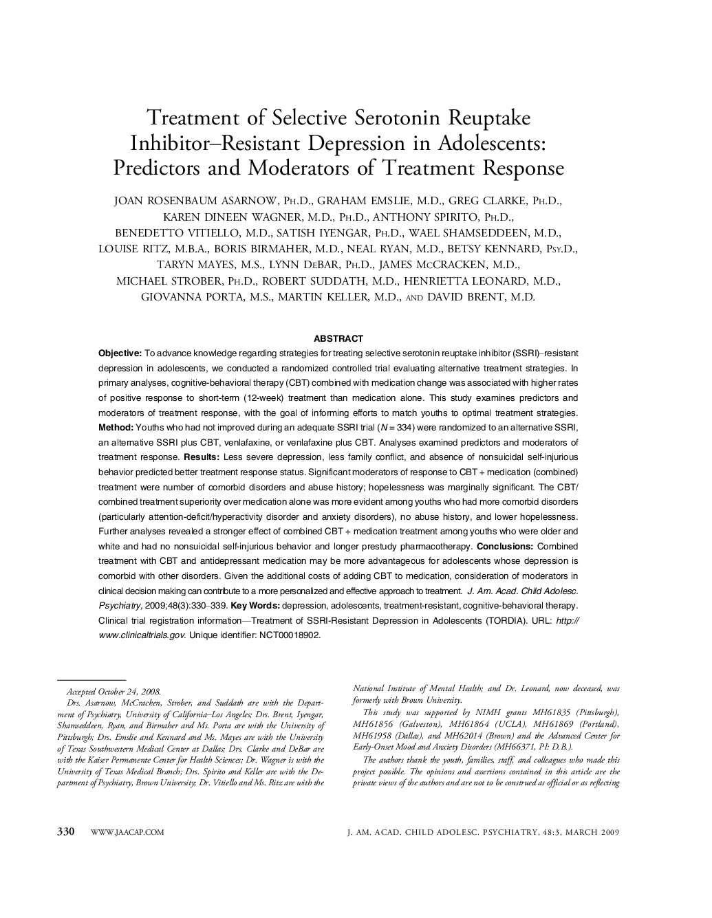 Treatment of Selective Serotonin Reuptake Inhibitor—Resistant Depression in Adolescents: Predictors and Moderators of Treatment Response 