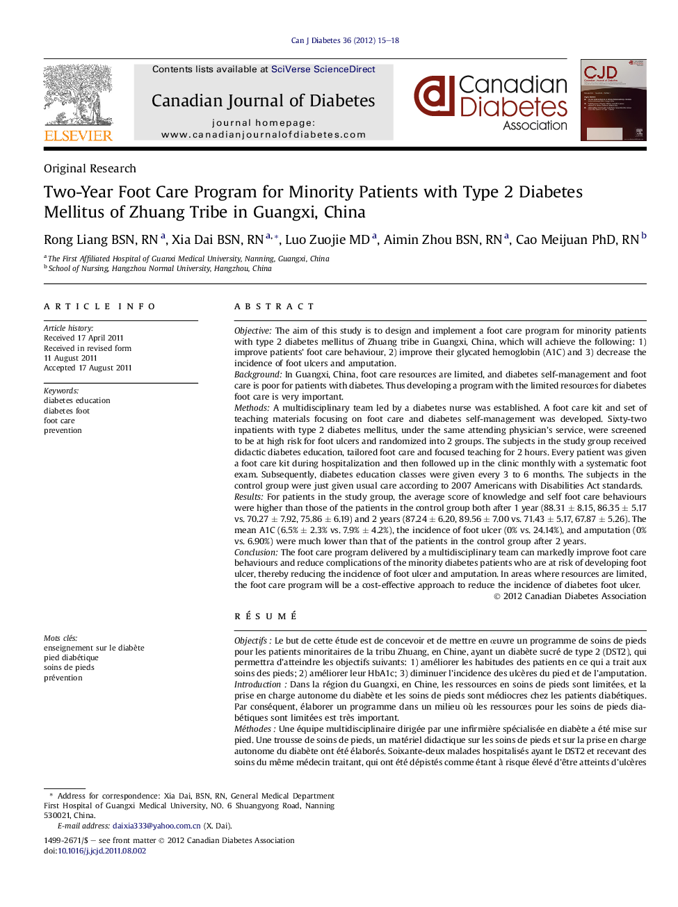 Two-Year Foot Care Program for Minority Patients with Type 2 Diabetes Mellitus of Zhuang Tribe in Guangxi, China