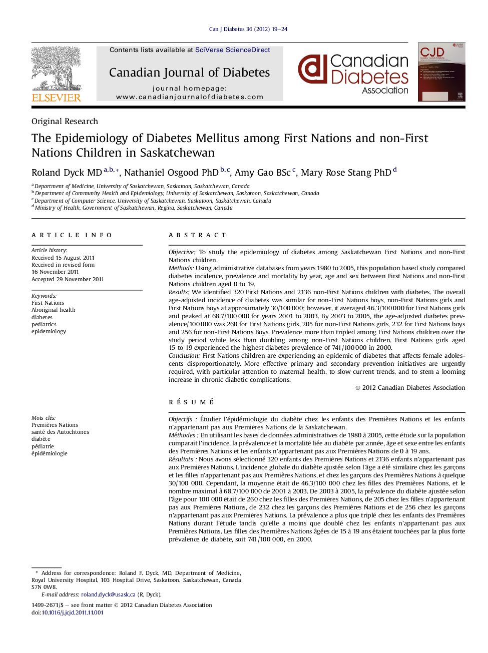 The Epidemiology of Diabetes Mellitus among First Nations and non-First Nations Children in Saskatchewan