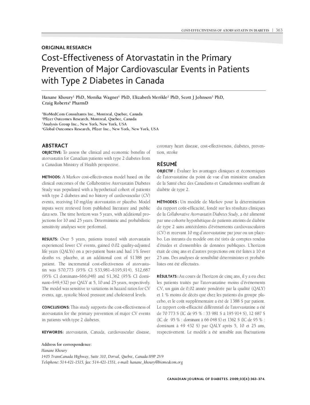 Cost-Effectiveness of Atorvastatin in the Primary Prevention of Major Cardiovascular Events in Patients with Type 2 Diabetes in Canada