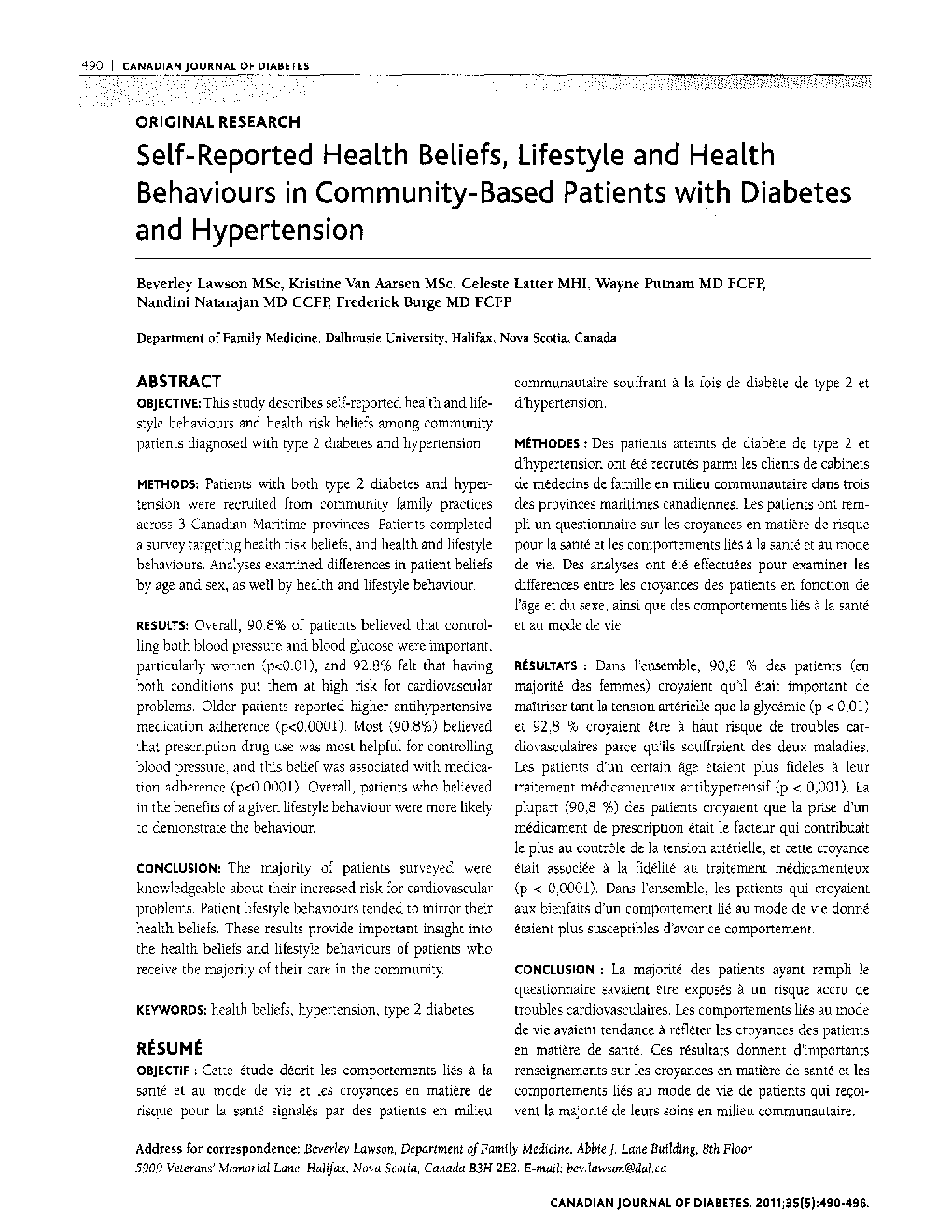 Self-Reported Health Beliefs, Lifestyle and Health Behaviours in Community-Based Patients with Diabetes and Hypertension