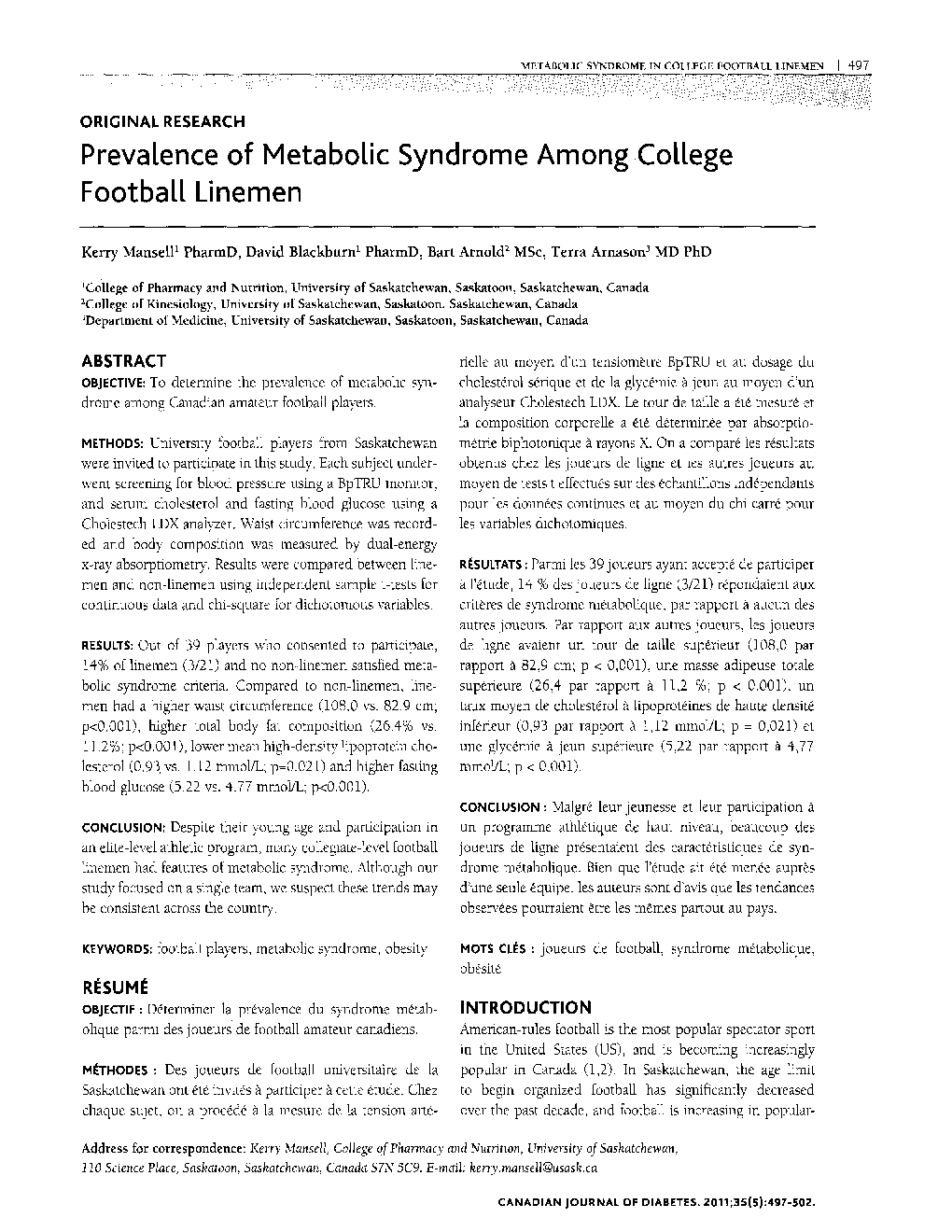 Prevalence of Metabolic Syndrome Among College Football Linemen