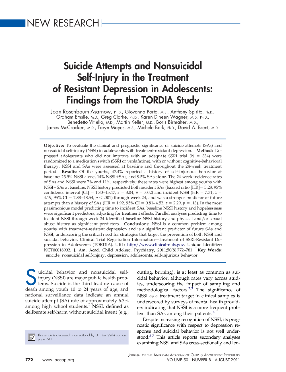 Suicide Attempts and Nonsuicidal Self-Injury in the Treatment of Resistant Depression in Adolescents: Findings from the TORDIA Study 