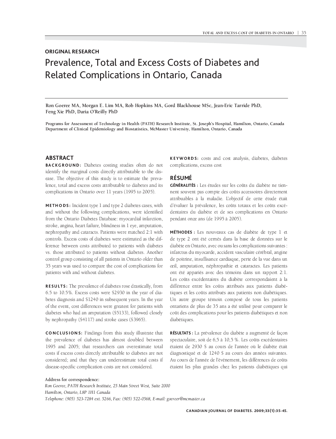 Prevalence, Total and Excess Costs of Diabetes and Related Complications in Ontario, Canada