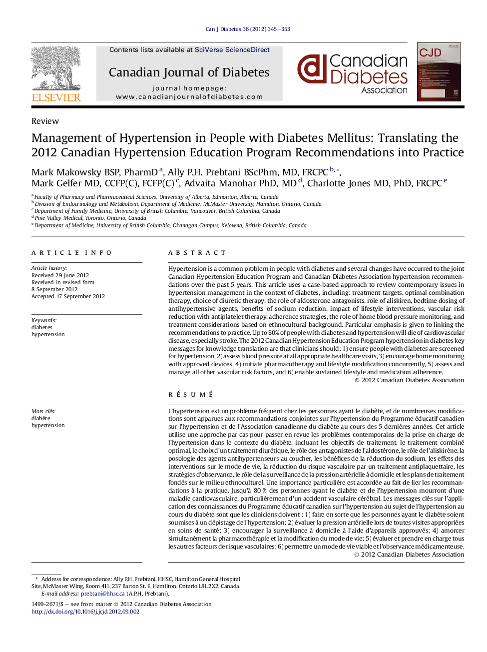 Management of Hypertension in People with Diabetes Mellitus: Translating the 2012 Canadian Hypertension Education Program Recommendations into Practice