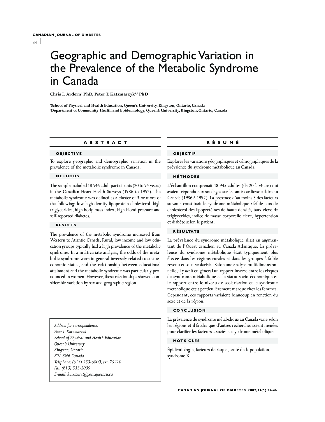 Geographic and Demographic Variation in the Prevalence of the Metabolic Syndrome in Canada