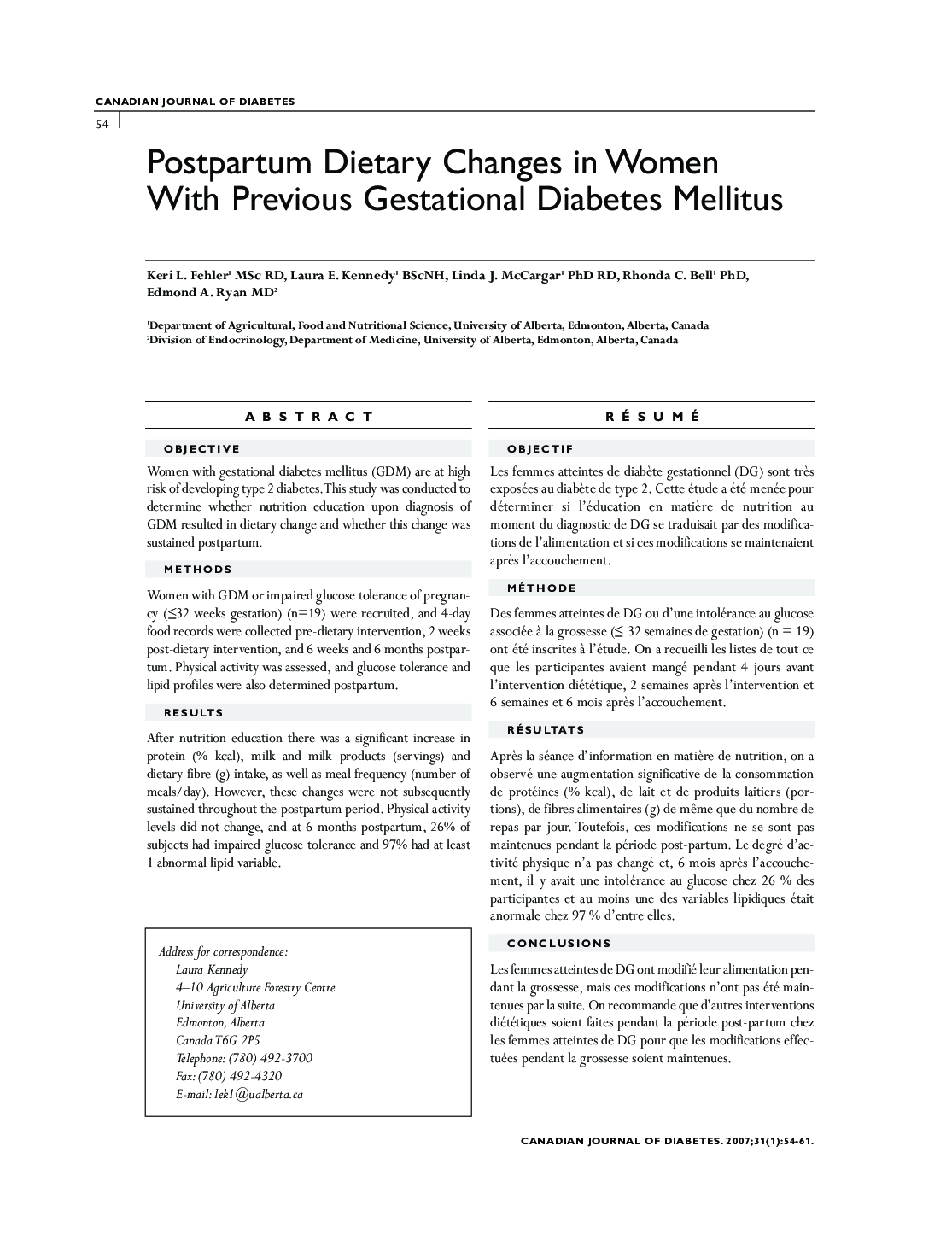Postpartum Dietary Changes in Women With Previous Gestational Diabetes Mellitus