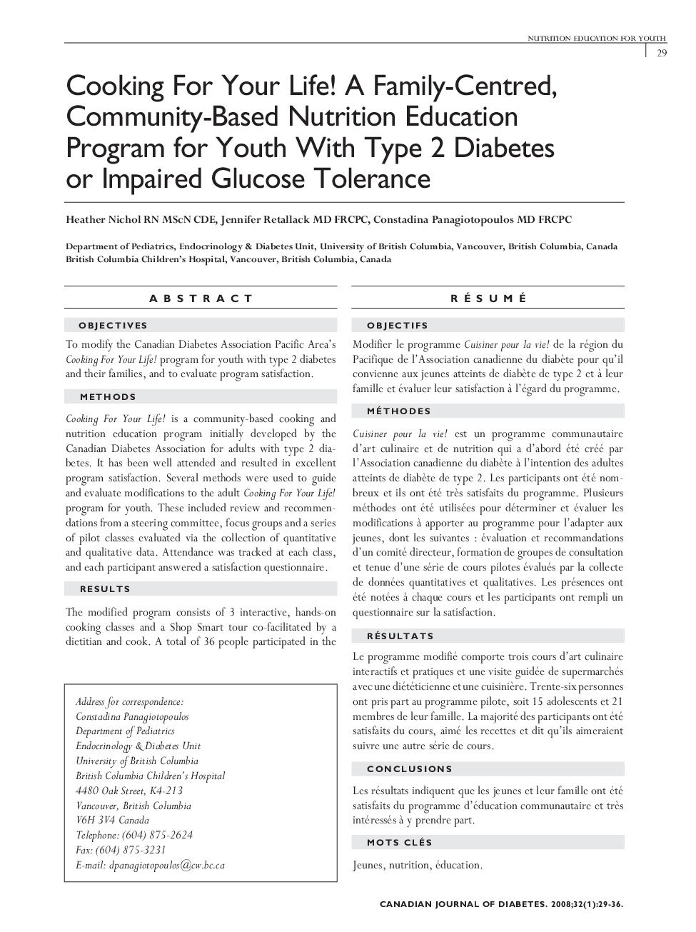 Cooking For Your Life! A Family-Centred, Community-Based Nutrition Education Program for Youth With Type 2 Diabetes or Impaired Glucose Tolerance