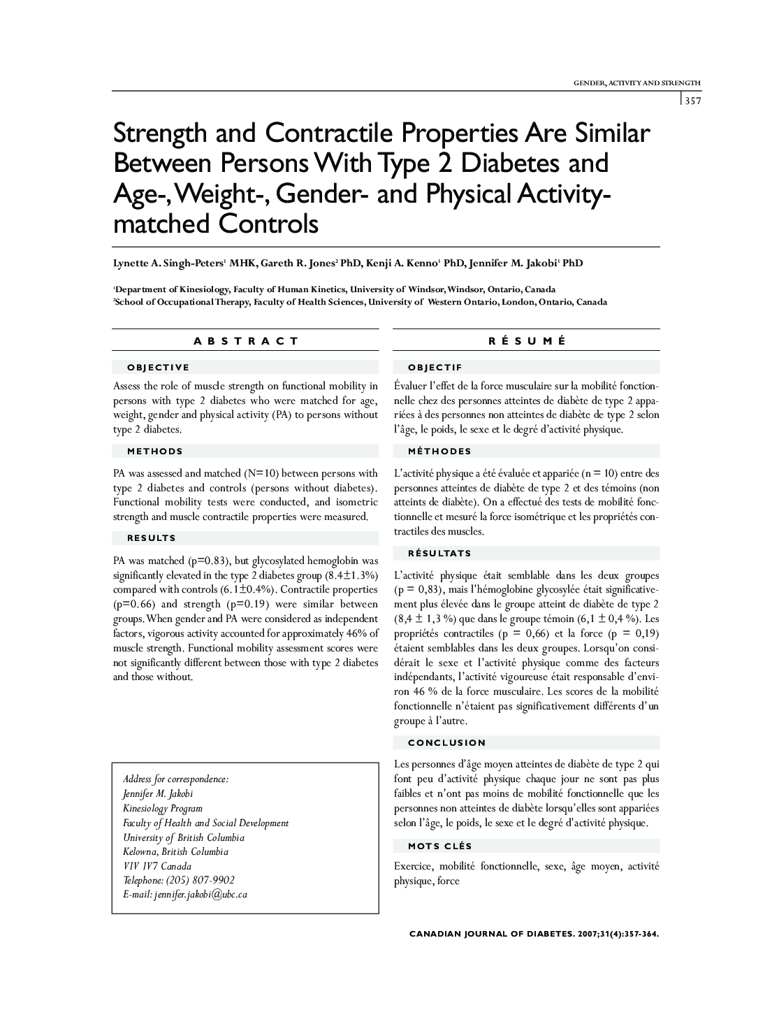 Strength and Contractile Properties Are Similar Between Persons With Type 2 Diabetes and Age-,Weight-, Gender- and Physical Activitymatched Controls