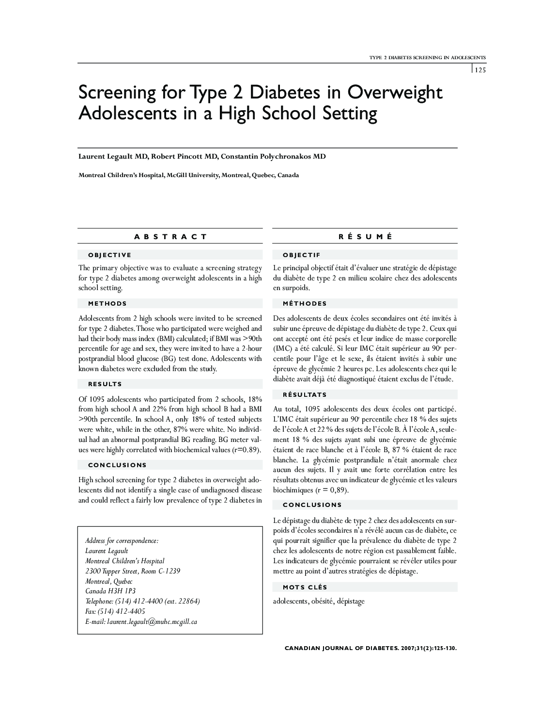 Screening for Type 2 Diabetes in Overweight Adolescents in a High School Setting