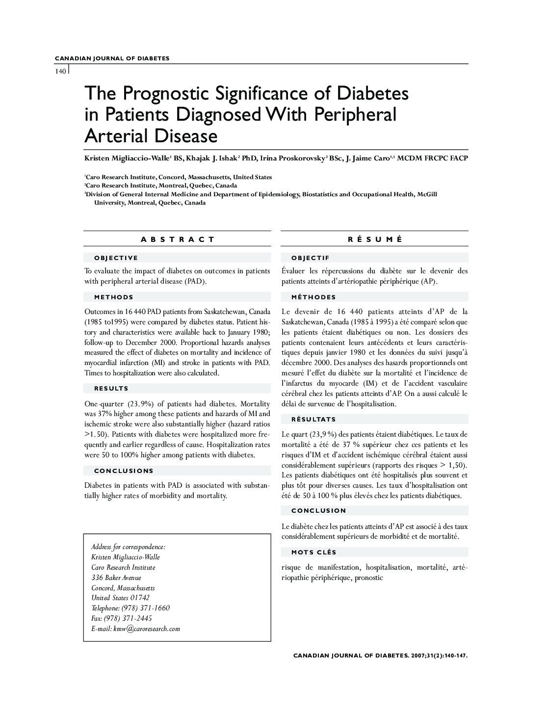 The Prognostic Significance of Diabetes in Patients Diagnosed With Peripheral Arterial Disease