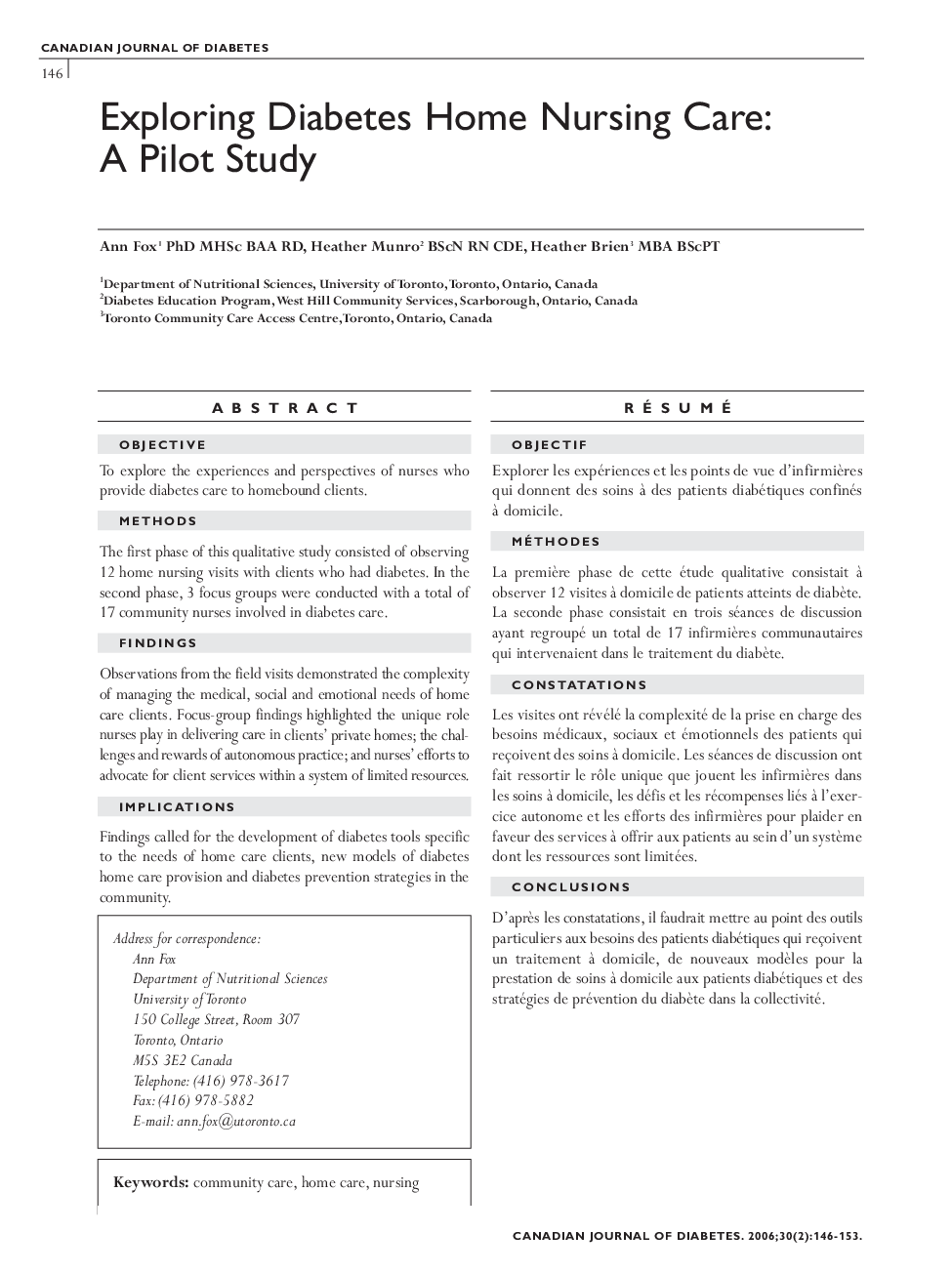 Exploring Diabetes Home Nursing Care: A Pilot Study