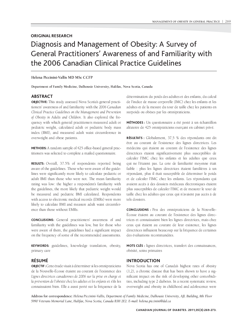 Diagnosis Management of Obesity: A Survey of General Practitioners' Awareness of Familiarity with the 2006 Canadian Clinical Practice Guidelines