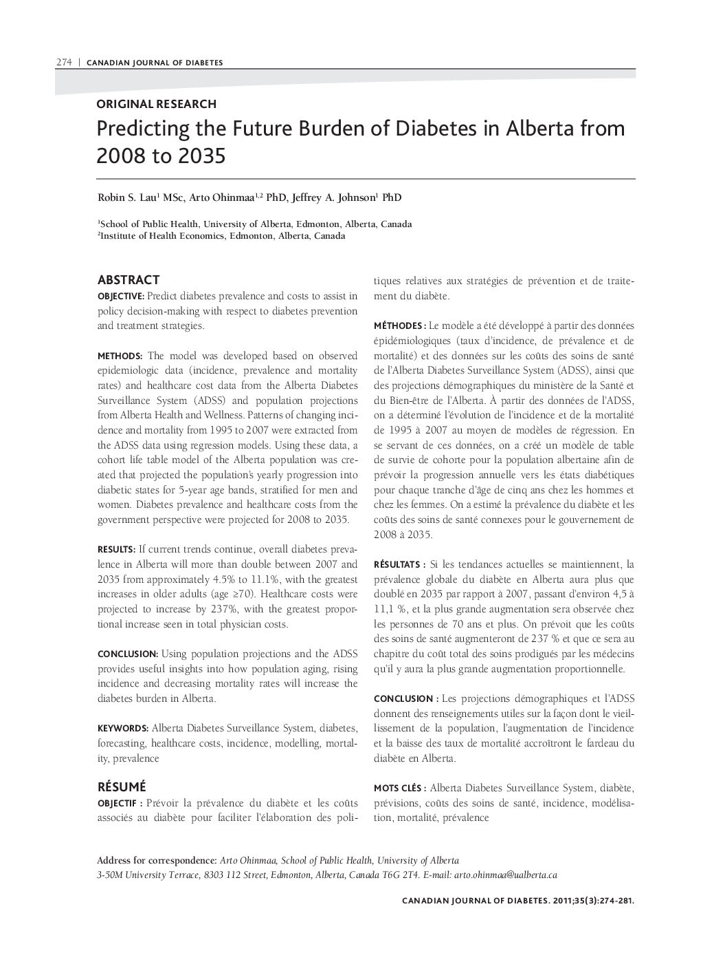 Predicting the Future Burden of Diabetes in Alberta from 2008 to 2035