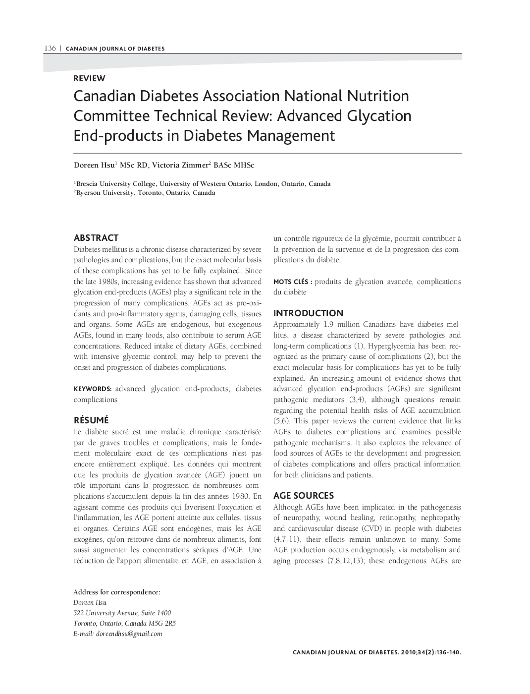 Canadian Diabetes Association National Nutrition Committee Technical Review: Advanced Glycation End-products in Diabetes Management