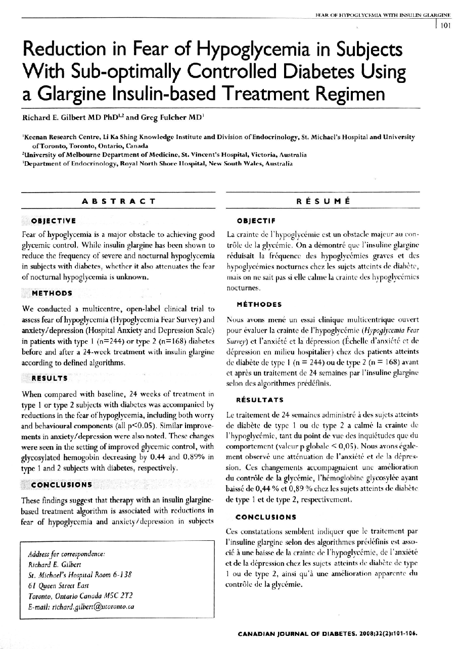 Reduction in Fear of Hypoglycemia in Subjects With Sub-optimally Controlled Diabetes Using a Glargine Insulin-based Treatment Regimen