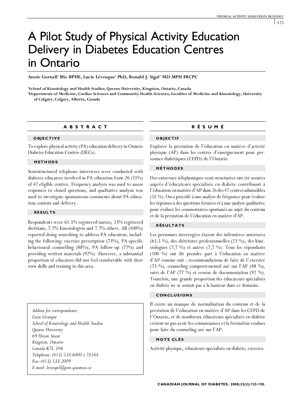 A Pilot Study of Physical Activity Education Delivery in Diabetes Education Centres in Ontario