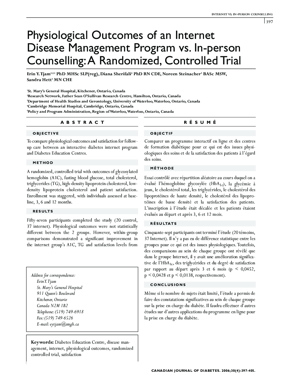 Physiological Outcomes of an Internet Disease Management Program vs. In-person Counselling:A Randomized, Controlled Trial