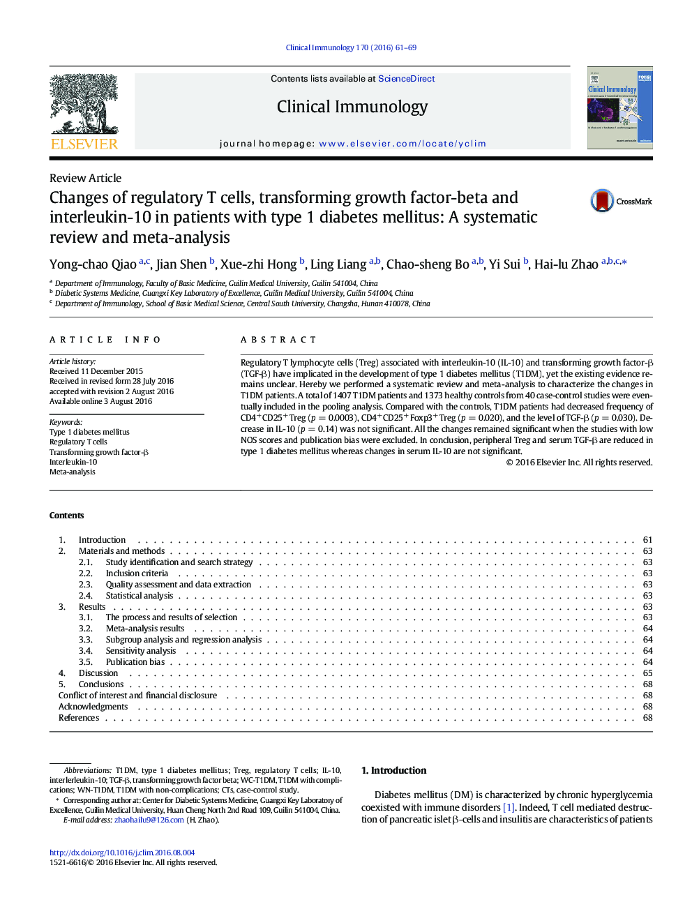 Changes of regulatory T cells, transforming growth factor-beta and interleukin-10 in patients with type 1 diabetes mellitus: A systematic review and meta-analysis