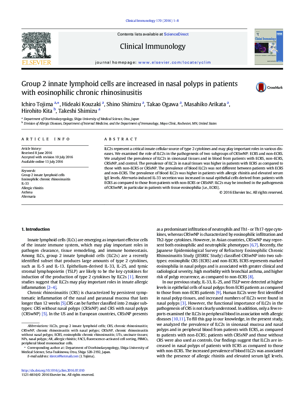 Group 2 innate lymphoid cells are increased in nasal polyps in patients with eosinophilic chronic rhinosinusitis