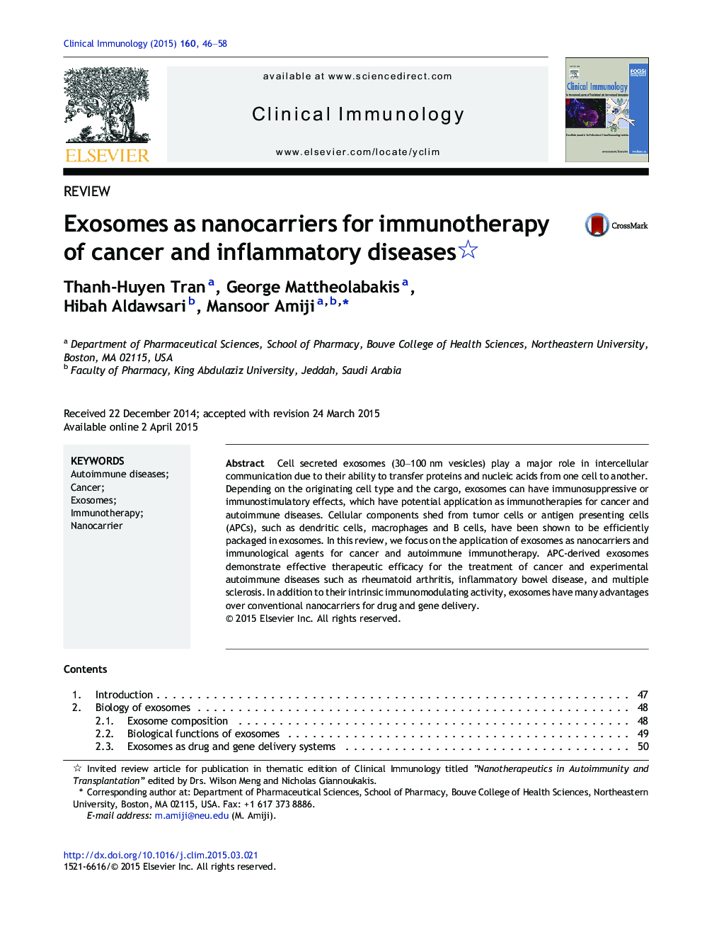 Exosomes as nanocarriers for immunotherapy of cancer and inflammatory diseases 