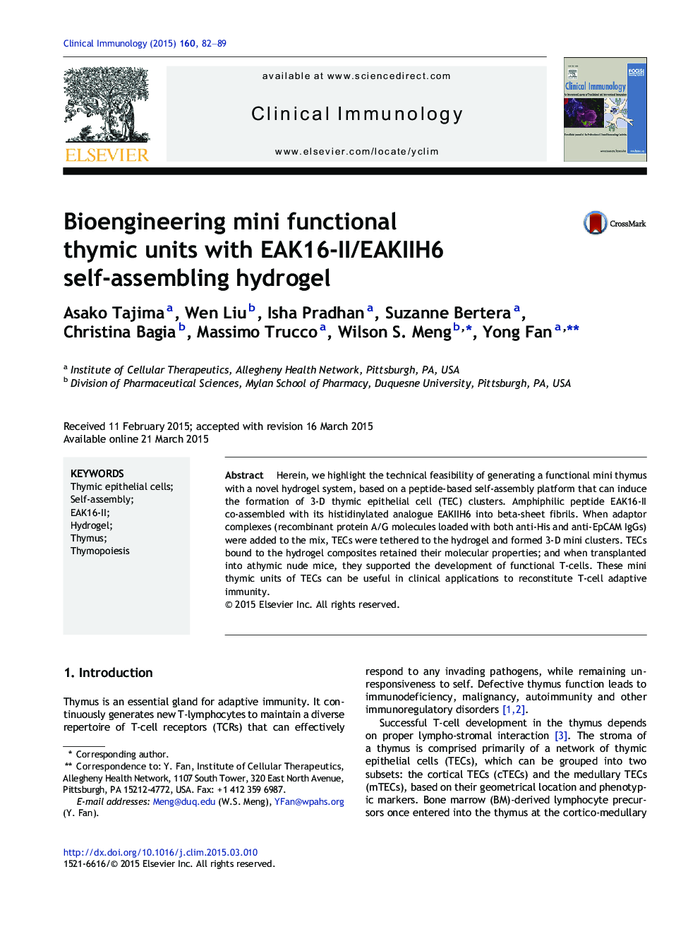 Bioengineering mini functional thymic units with EAK16-II/EAKIIH6 self-assembling hydrogel