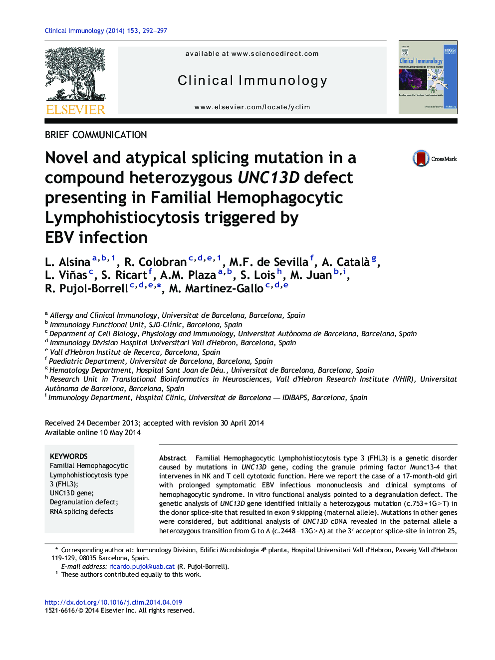 Novel and atypical splicing mutation in a compound heterozygous UNC13D defect presenting in Familial Hemophagocytic Lymphohistiocytosis triggered by EBV infection