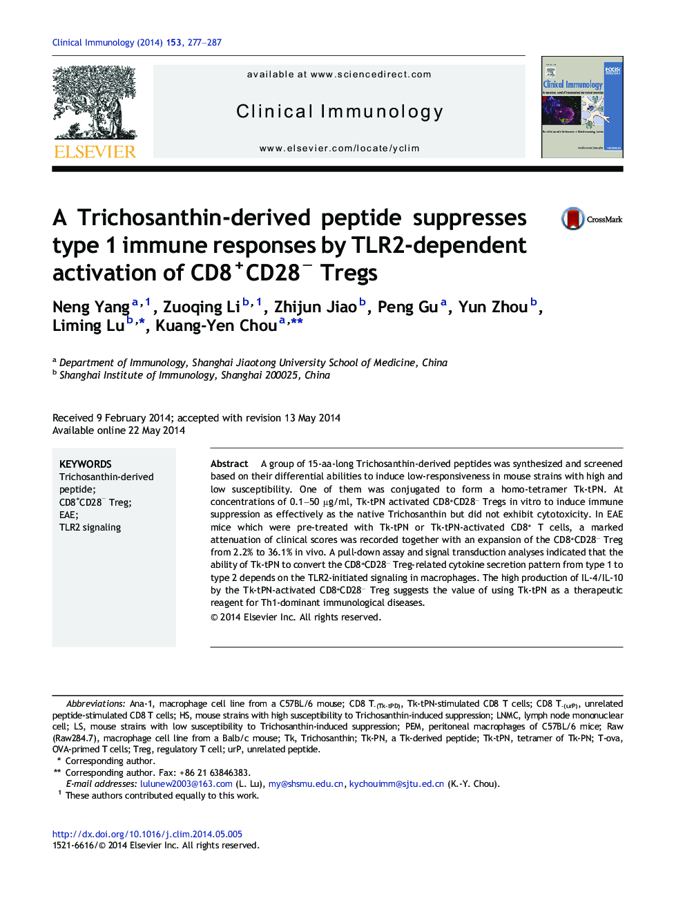 A Trichosanthin-derived peptide suppresses type 1 immune responses by TLR2-dependent activation of CD8+CD28− Tregs