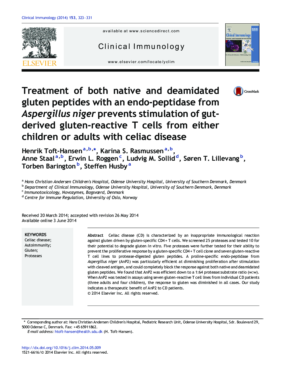 Treatment of both native and deamidated gluten peptides with an endo-peptidase from Aspergillus niger prevents stimulation of gut-derived gluten-reactive T cells from either children or adults with celiac disease