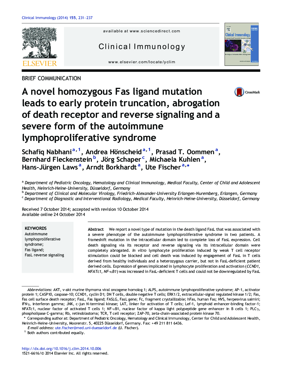 A novel homozygous Fas ligand mutation leads to early protein truncation, abrogation of death receptor and reverse signaling and a severe form of the autoimmune lymphoproliferative syndrome