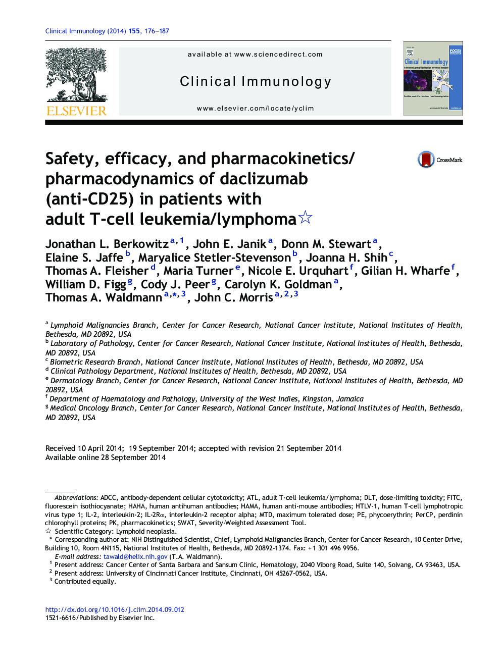Safety, efficacy, and pharmacokinetics/pharmacodynamics of daclizumab (anti-CD25) in patients with adult T-cell leukemia/lymphoma 