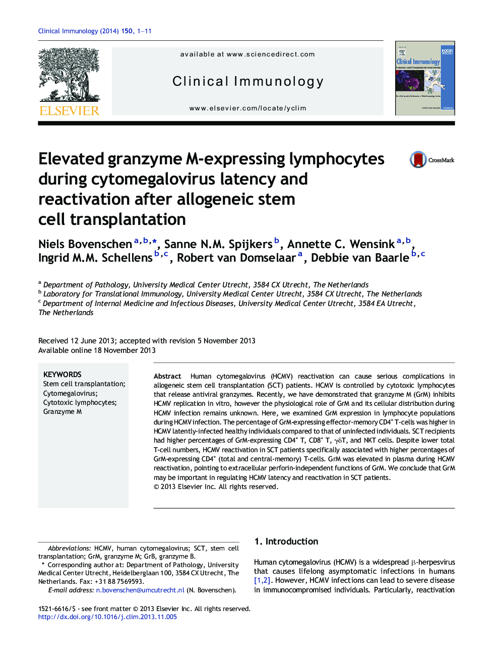 Elevated granzyme M-expressing lymphocytes during cytomegalovirus latency and reactivation after allogeneic stem cell transplantation